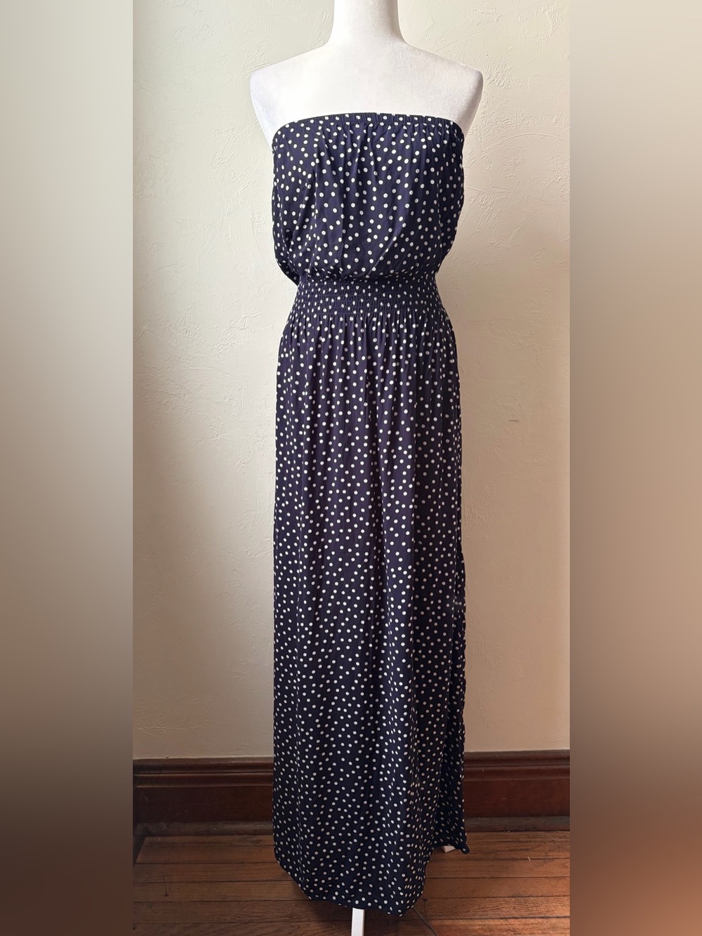 GAP Navy White Polka Dot Strapless Smocked Maxi Dress Large